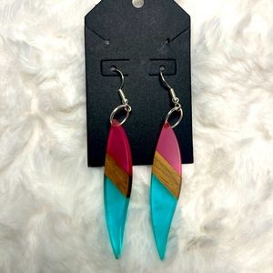 Dangle Resin Wood Leaf Earrings